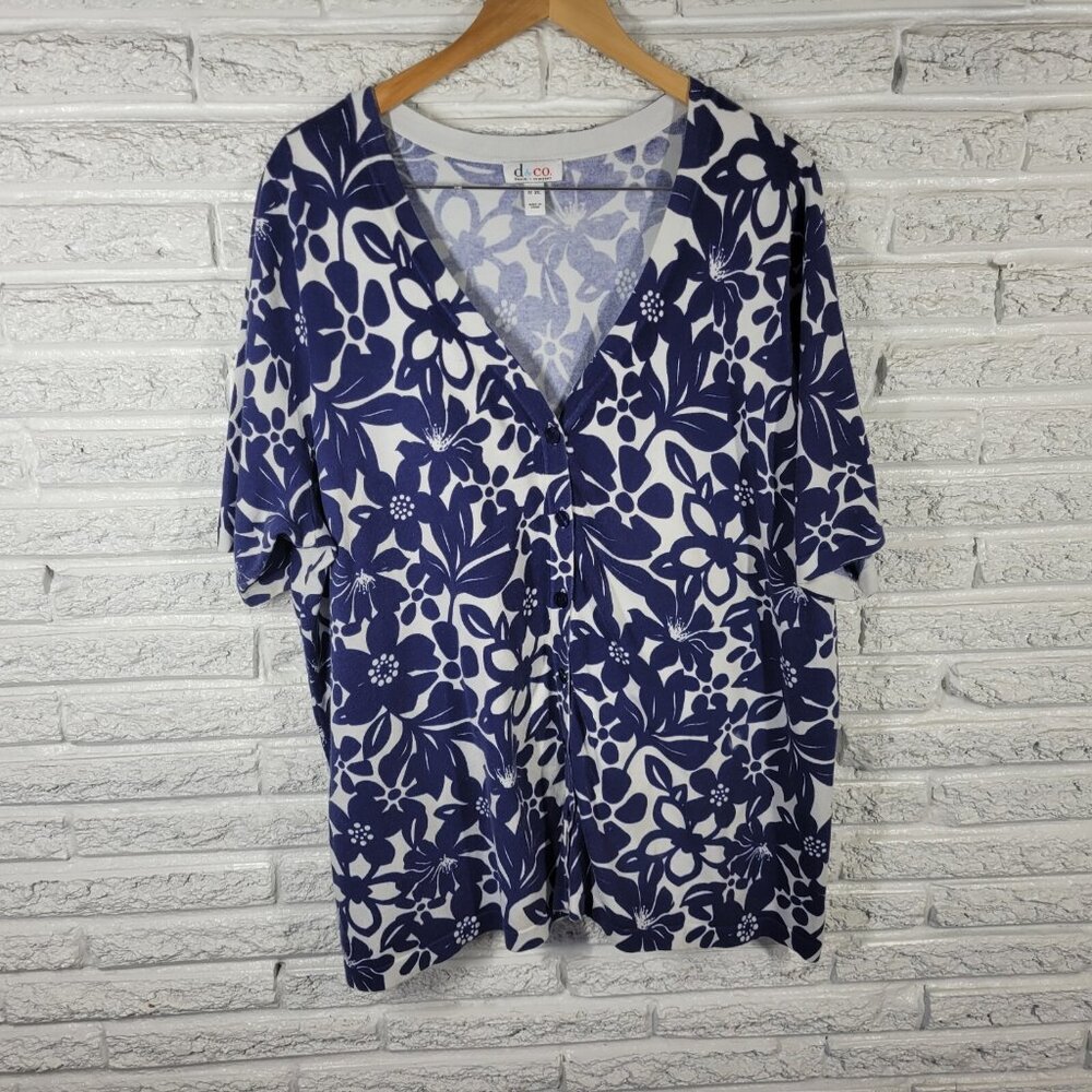 Denim Co Womens Top 3X Plus Short Sleeve Blue White Floral Button FLO124E